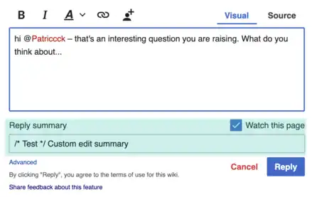 A screenshot showing an approach for incorporating custom edit summary functionality into the Reply Tool.