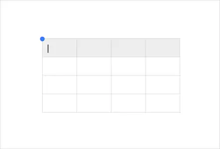 2. User is given a 4x4 table with top row as header by default, and cursor in the 1st cell. Control in top left will allow a user to drag the table, or set table-level options