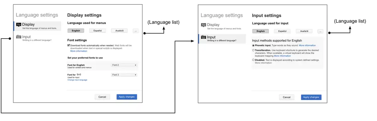 Wireframes showing the navigation between setting views.