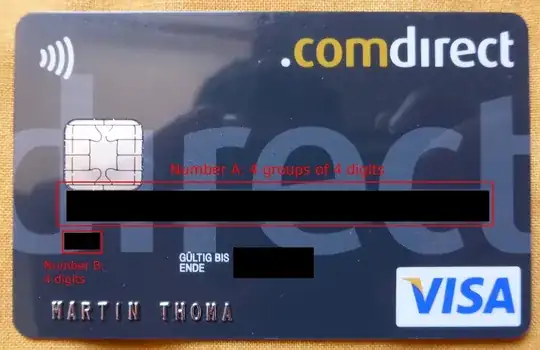 Front of the card. Number A: 4 groups of 4 digits, in the center of the card. Number B: 4 digits, smaller and underneath Number A to the left.