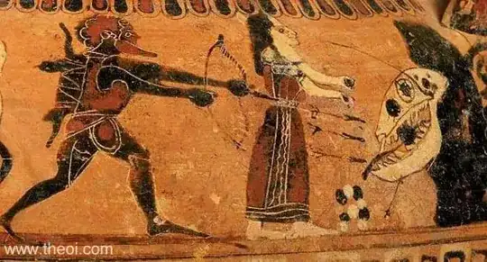 Heracles rescued Princess Hesione of Troy from the Cetus (Sea-Monster). The hero plies the monster with a volley of arrows from his bow. The Cetus is depicted as a serpentine beast with a gaping maw and jagged teeth. This image is a montage of two photos of the vase. Source Theoi