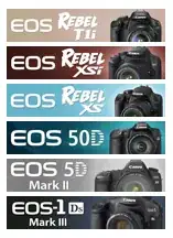 Rebel T1i; Rebel XSi; Rebel XS; 50D; 5D Mark II; 1Ds Mark III