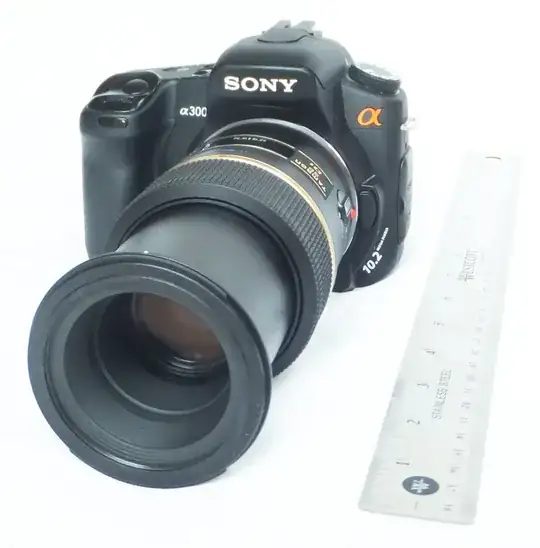 Sony A300 with Tamron 90mm SP Di macro lens extended for nearest focus, without lens hood!
