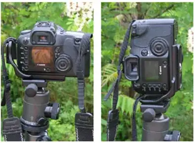 Using an "L" plate, a camera mounted using the horizontal plate (left) or the vertical plate (right). Photo: shortcourses.com / Dennis P. Curtin