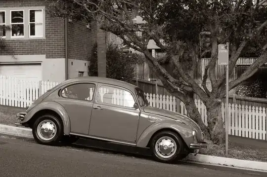 A VW Beetle in sepia, parked on an incline under a 'No Stopping' sign.