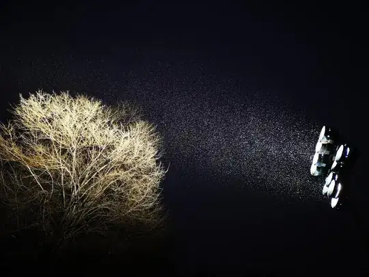 Tree, spotlights and snowfall