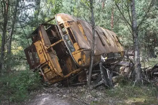 Abandoned bus at the Pripyat police station, 07-Aug-2019