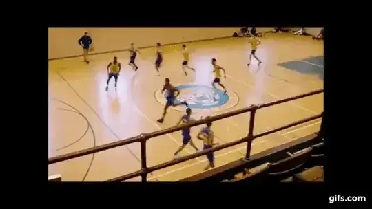 Gif from a video taken from a camera phone of someone in the stands watching a basketball match in the sports hall, all of a sudden band members start to appear in the middle of the court and people in the stands do to; the camera jerks around at different people reappearing