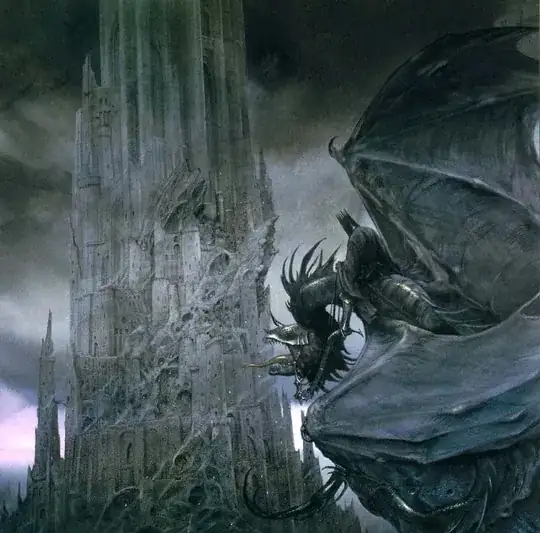 The ominous dark tower of Barad-dûr looms centre left, its spires and twisted arches extending well past the top of the picture.  In the right foreground is the black fell beast, bat-like wings attached to a sinuous snake-like body with spiky growths from its spine and jaw.  The Witch-king
in plate armour, black cloak and spiky helmet sits astride the fell beast, just ahead of its shoulders.