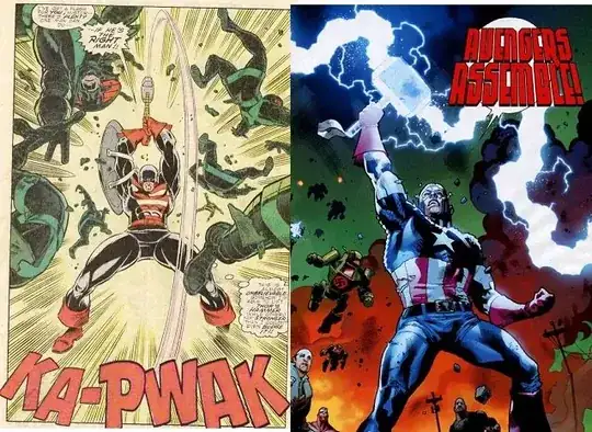 Comic panel of Captain America holding Mjolnir as lightning strikes, with the caption "AVENGERS ASSEMBLE!" In the background are green robots with a red swastika.