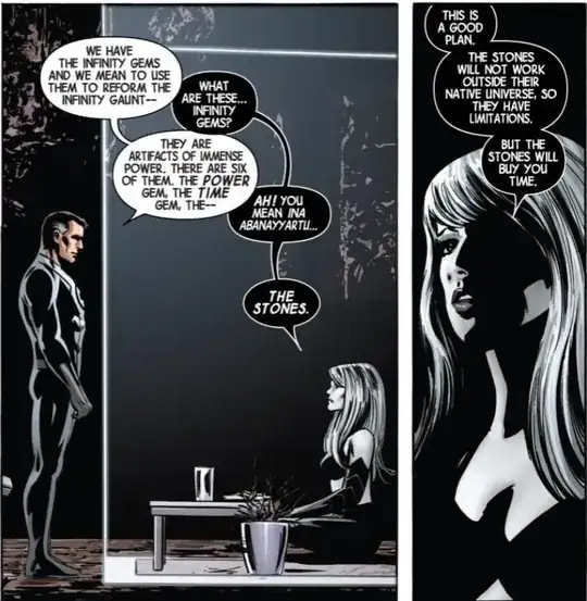 Reed Richards and the Black Swan discuss the Infinity Gems