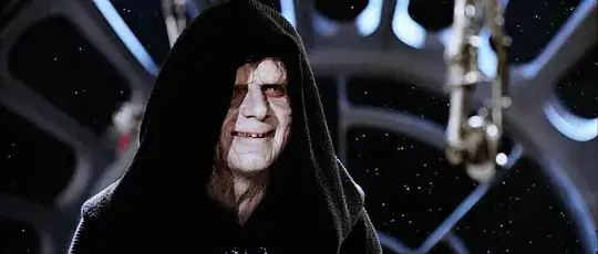 A close up of Darth Sidious' face in his hooded cloak