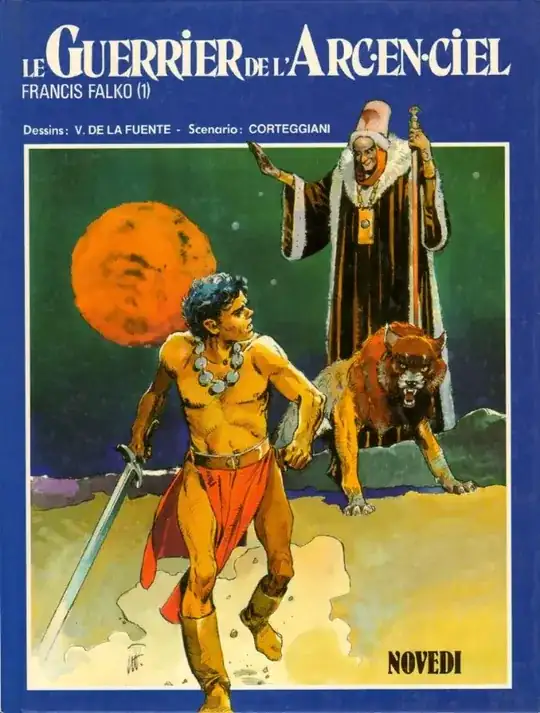 cover of the comic book, with hero carrying a sword and wizard and wolf
