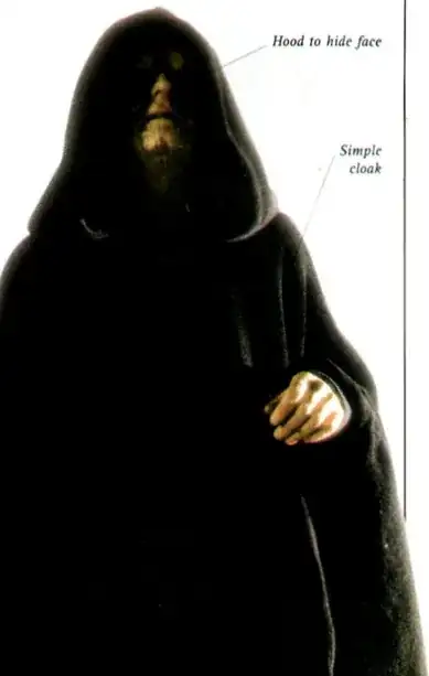 Emperor Palpatine in The Visual Dictionary with a label to his hood saying "Hood to hide face"