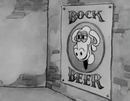 Poster on a brick wall saying "Bock Beer", with a picture of a goat.