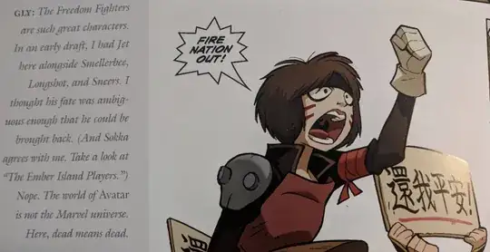 Photo of a comic with commentary, transcribed below.  Comic shows Smellerbee shouting "Fire Nation Out!" and someone holding up a sign with Chinese writing.