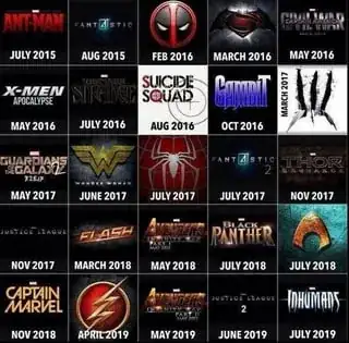 Grid of 25 superhero movies from 2015 through 2019