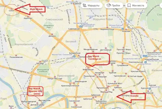 map of a part of Moscow streets, with Day and Night Watch's offices highlighted