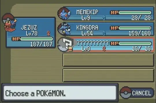 The same question mark Pokémon, as it can be seen from the list of Pokémons you currently carry. It appears as a sprite of a jumping question mark, which is displayed at a 45 degrees perspective angle, making it look like a 3D question mark, and it's inside a grey oval shape. It seems to be level 0, has 10 hp and is carrying an item.
