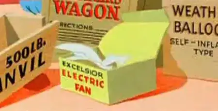 Open yellow box with white wrapping paper inside, labelled "Excelsior Electric Fan"