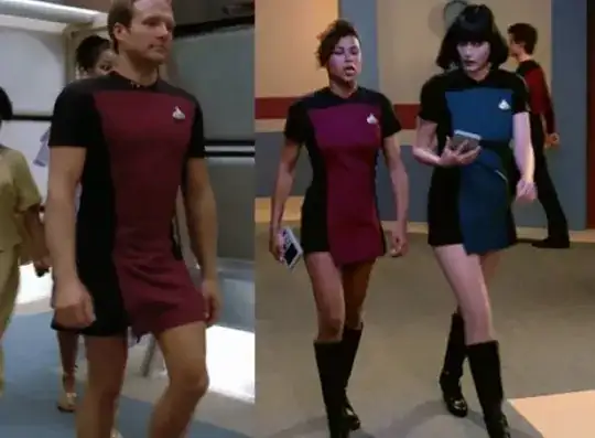 Both men and women wearing the Starfleet "skant" uniform, resembling a very short dress