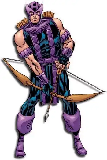 Hawkeye wearing his predominately purple uniform