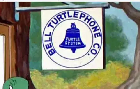 A white sign with a blue picture of a bell that says "turtle system" on it, with the text "Bell Turtlephone Co." circling the bell.