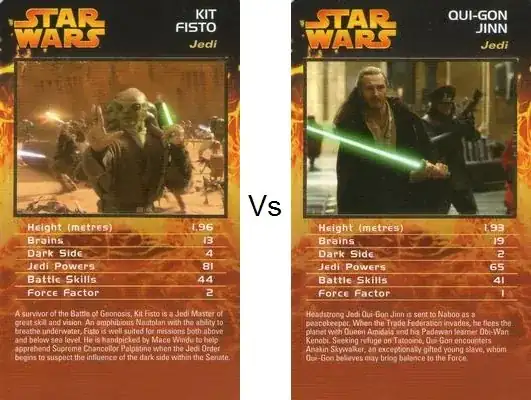 Kit Fitso card showing Jedi Powers at 81 and Battle Skills at 44, Qui-Gon's shows Jedi Powers at 65 and Battle Skills at 41