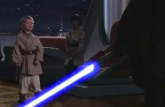 Anakin killing Younglings: Anakin's saber extended in the foreground with two worried looking Younglings in the background