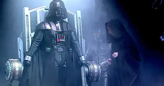screen shot showing Darth Vader getting his suit fitted