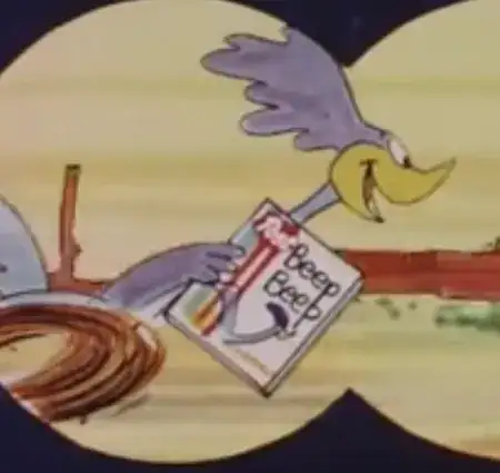 A roadrunner running past holding a box of "Post's Beep Beep Cereal"