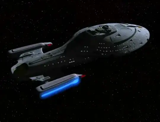 View of Voyager from above and aft on the starboard side; Voyager is illuminated from above, fore and port, with shadow on the camera-facing side of the saucer.