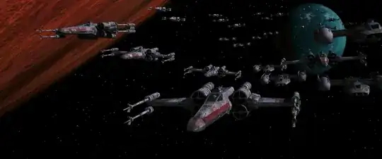 View of the Rebel X-Wings and Y-Wings in flight from Yavin IV, a green world mostly full in the right background right, towards the Death Star.  A slice of Yavin itself, in oranges and reds occupies the upper left.  An X-Wing leads the staggered formation of X- and Y-Wings, grouped in small formations trailing off into the middle distance towards Yavin IV.