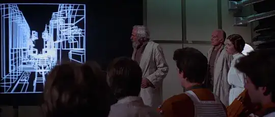 General Dodonna's briefing for the assault on the first Death Star, showing the trench run
