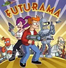 Futurama logo, showing several characters holding weapons. Philip Fry is in the front. Immediately behind him are Bender and Leela, with Zoidberg and Professor Farnsworth in the back.
