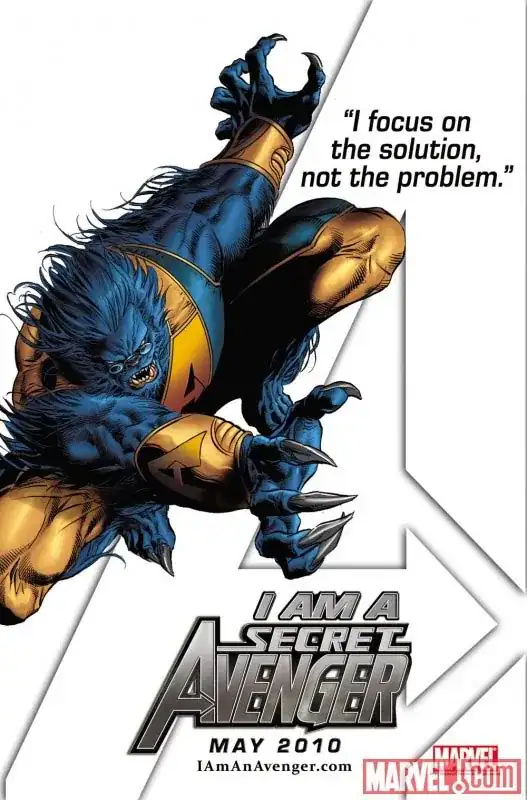 Preview image, with the X-Man beast saying "I focus on the solution not the problem", and a title below that saying "I am a secret avenger"