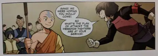 Comic of Smellerbee greeting Aang with "Aang!  We were hoping you would come!  So what's the plan of attack?  The Freedom Fighters are at your service!"