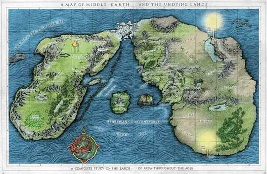 Image titled "A Map of Middle-earth and the Undying Lands" showing the Lamps of the Valar and the Two Trees