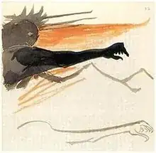 A vague drawing of Sauron's form showing the head with a spikey helmet, and one large arm reaching out all black. The arm form is drawn a couple more times as well
