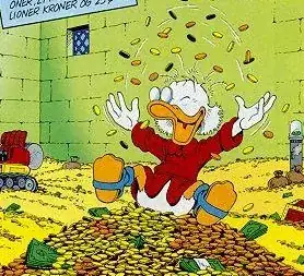 George Lucas (actually an image of Scrooge McDuck from a Disney comic, sitting on a pile of money in his vault and joyfully throwing handfuls up in the air)