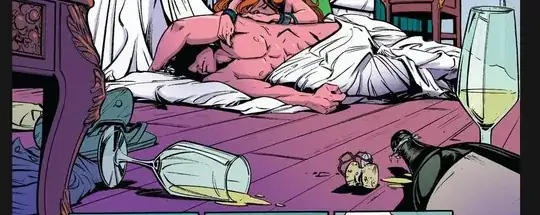 Superman lying down with a woman at his side, two glasses on the floor