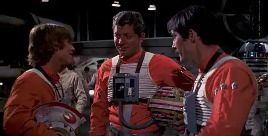 Luke, on left in rebel pilot uniform carrying his helmet under his right arm, greets Red Leader, Garven Dreis in the centre of the frame while Biggs Darklighter looks on from the right. In the background R2-D2 is being lifted into Luke's X-Wing fighter