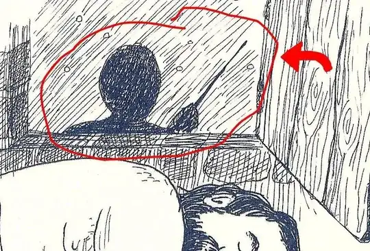 A man lays sleeping in the immediate foreground.  Behind him, a wooden shutter stands open from a window in a stone wall.  A shadowy figure holding a wand looms outside the window