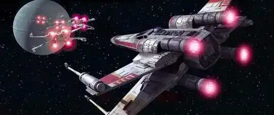 A lead formation of 5 X-Wings, with their S-foils deployed, dive towards the Death Star in the upper left of the picture.  The dish of the main weapon is visible near the right edge of the facing side.