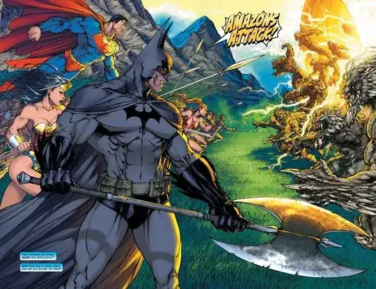 Superman, Batman, Wonder Woman and an army of Amazons are standing ready on Paradise Island, against an army of Doomsday clones that are coming out of a Boom Tube to attack them. It's still day time.
