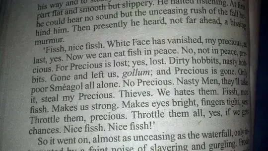 Photo of the above quote, showing the difference between "precious" uncapitalized referring to himself and "Precious" capitalized referring to the Ring