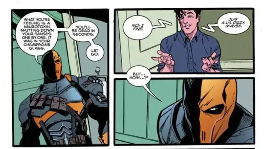 Superman facing Deathstroke after having drank a spiked champagne