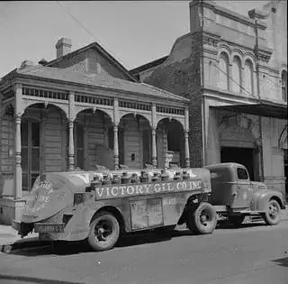 black and white image of a 1940s-era gasoline truck