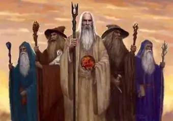 The five Istari: Saruman in front holding a palantír, Radagast to his right holding a small white animal, Gandalf to his left holding his pipe, and the blue wizards furthest left and right