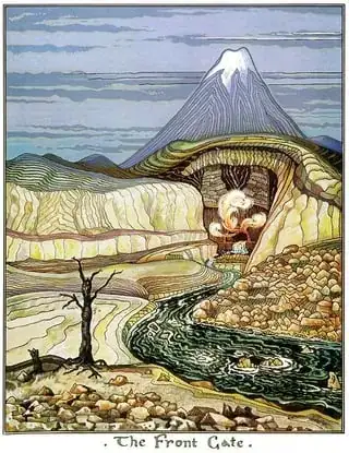 Tolkien painting of the Lonely Mountain, with the "Front Gate" in the foreground